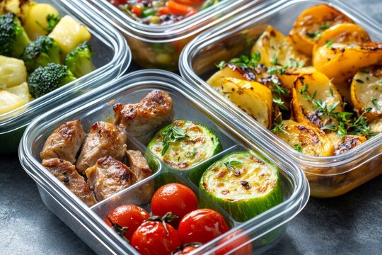 Nutritious meal prep containers filled with colorful vegetables and protein-rich meats ready for a healthy lifestyle