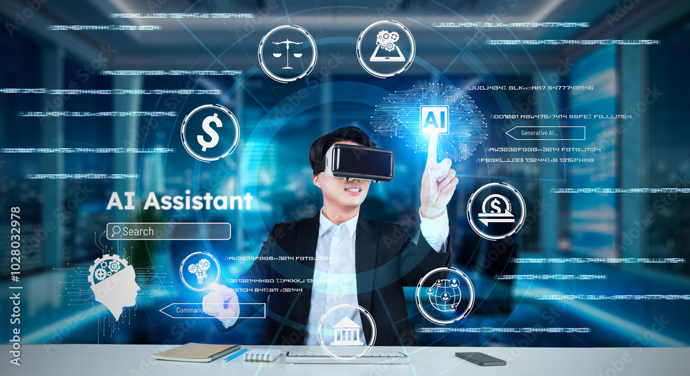 Poster business man with goggles working while using ai technology. project manager with formal suit checki