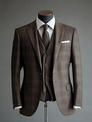 Tailored suit with a neutral color palette on a charcoal gray background