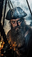 Fototapeta premium Dramatic Portrait of Blackbeard Aboard a Ship