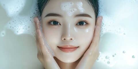 A woman enjoys a skincare routine using foam cleanser while relaxing in a soothing bubble bath at a serene location during the day