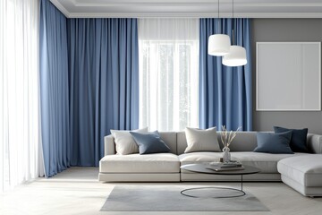 High-resolution  image of a stylish living room with large blue curtains and light grey walls, featuring modern decor and a white ceiling