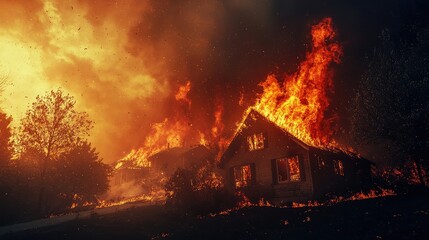 Dramatic Wildfire Approaching Residential Area at Sunset