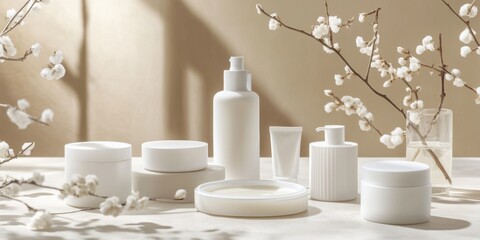 Elegant display of Korean skincare products arranged with delicate floral accents on a neutral background