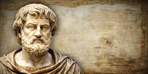 A bust of the Greek philosopher Socrates against a wood grain background. Space for quotes or text.