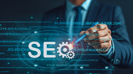 Fototapeta premium Digital marketing expert optimizing SEO strategies; using a futuristic interface to adjust search engine settings and enhance web visibility.