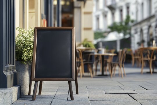 Chalkboard menu sign outside a café on a bustling city street with outdoor seating and potted plants