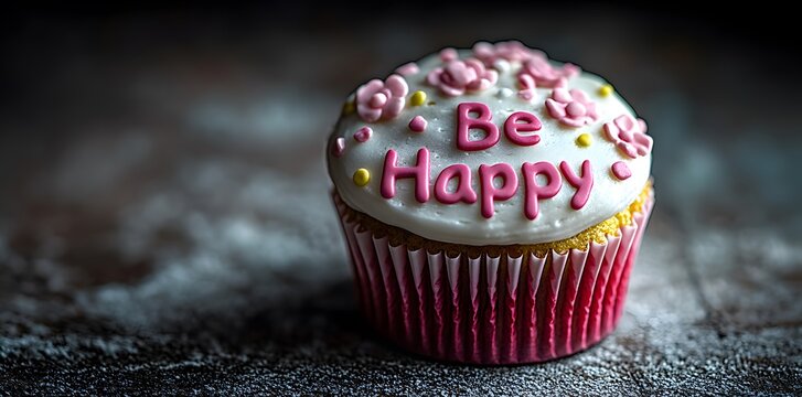 A cheerful cupcake with pink frosting and decorative flowers, promoting a positive message.