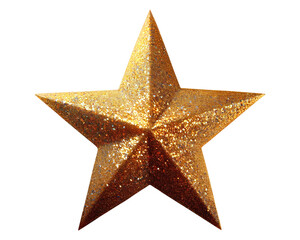 Five-pointed gold glitter star, isolated on empty white background, festive decoration