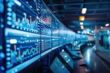 Fototapeta premium The control center is busy analyzing delivery data displayed on screens to optimize logistics and route planning. Generative AI