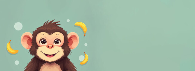Fototapeta premium Portrait fluffy monkey, smiling monkey looking at camera, cartoon drawn circles with banana inside circles flying around monkey head, multicolour pastel solid background