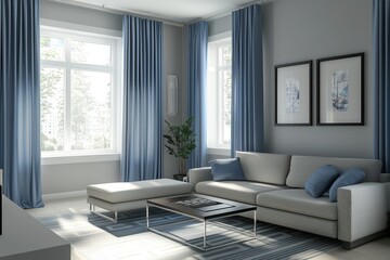 High-resolution view of a living room with heavy blue curtains and square designs, grey walls, and modern furniture, in a  aspect