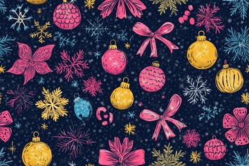 Seamless pattern, A vibrant and festive seamless pattern featuring hand-drawn Christmas ornaments, bows, and snowflakes.