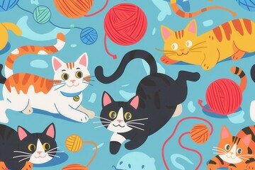Several playful cats engage with colorful yarn and toys, creating a joyful atmosphere in a delightful indoor environment. Generative AI