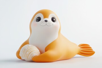 A cute cartoon seal holding a shell in its mouth