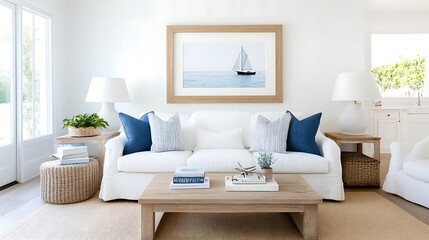 A coastal-themed living room featuring whitewashed walls, wicker furniture, and a large, nautical-themed frame above the sofa. The space feels light and breezy.
