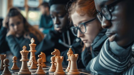 A young woman with red hair and glasses intently stares at a chessboard, while two other young people watch in the background.