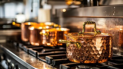 Elegant Copper Cookware on Stove in Professional Kitchen