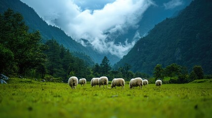 Obraz premium Sheep Grazing in Lush Green Valley Landscape