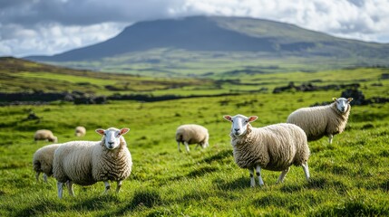 Fototapeta premium Sheep Grazing in Lush Green Pasture under Blue Sky
