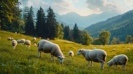 Fototapeta premium Sheep Grazing in Lush Green Landscape