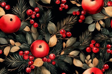 Naklejka premium Seamless pattern, A vibrant holiday-themed illustration featuring a beautiful arrangement of red apples, bright red berries, and lush green pine branches.