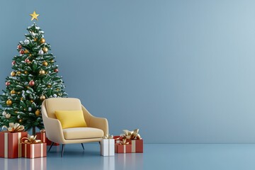 Luxurious modern living room with minimalist Christmas decor including a tree, armchair, and gift boxes, on a blue backdrop in a  aspect ratio