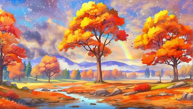 Autumn's Embrace: A picturesque autumn landscape, with a rainbow arching across a vibrant sky.