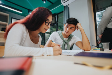 Two engaged students working together in a classroom setting, focusing on a creative project. The atmosphere is collaborative, encouraging learning and teamwork. They are attentive and immersed in