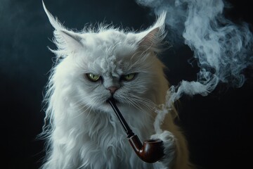 White cat with messy dishevelled hair, with grumpy face, holding smoking pipe, depicting the state of staying up late