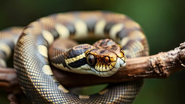 A closeup photograph showcasing a beautiful python gracefully coiled around a branch