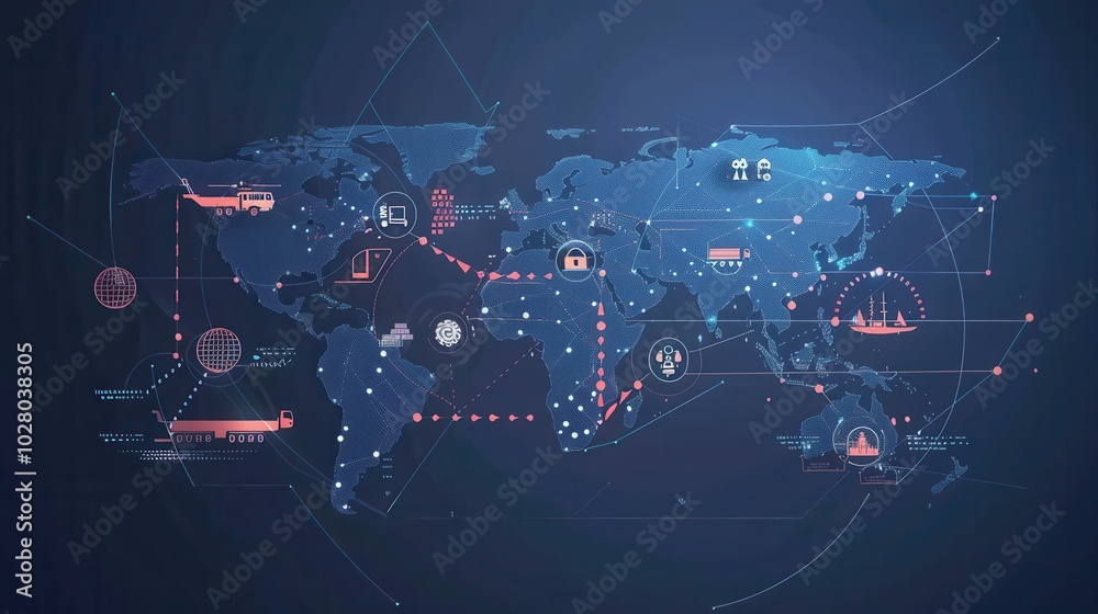 Poster a detailed world map illustrates highlighted transport routes featuring icons representing different