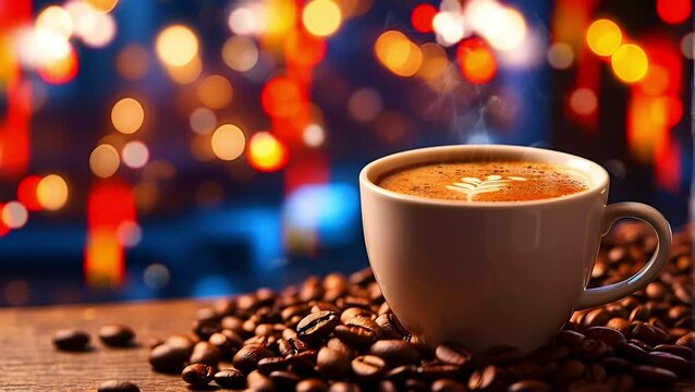 Cozy Coffee Moment: A warm cup of coffee sits atop a bed of roasted beans, steam gently rising, with bokeh lights adding a touch of magic to the atmosphere.