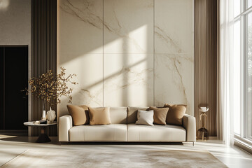 "Modern Interior Background 3D Render of a Minimalist Living Room with Contemporary Design Elements
