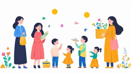 Fototapeta premium Colorful scene of children and women interacting with nature, on a white isolated background.