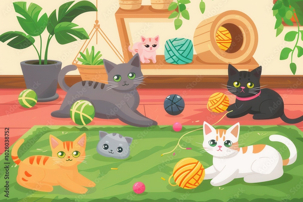 Poster several cats are energetically playing with various balls and yarn in a warm indoor setting, surroun