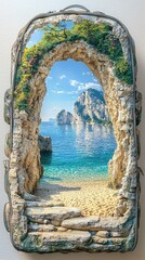 Fototapeta premium Backpack in 3D opens revealing a hidden cove with crystal-clear waters and soft sandy shores, on an isolated background with space for text