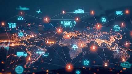 Obraz premium A detailed map showcasing transport routes worldwide, featuring various transport icons such as planes, cars, and ships for connectivity. Generative AI