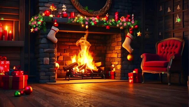 3D cartoon illustration of a Christmas scene: a fireplace with a fire and candles, a decorated Christmas tree on the right side, presents under it, a chair in front of the hearth, a decorated wall AI 