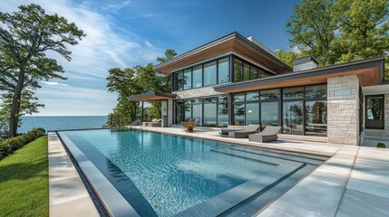 Fototapeta premium Modern lakeside home with a stunning pool and sunroom, captured against the backdrop of Lake Michigan in ultra HD quality
