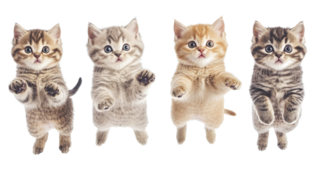 Four Jumping Shorthair Cats Playfully Leaping in a Bright Setting Generative AI