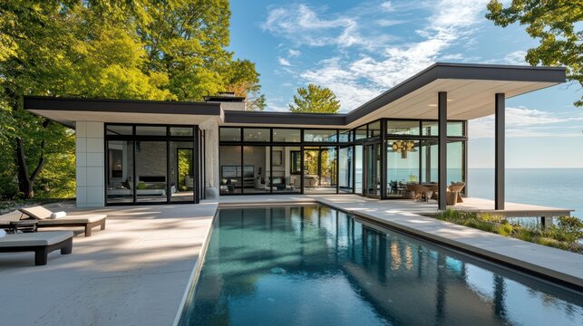 Modern lakeside home with a stunning pool and sunroom, captured against the backdrop of Lake Michigan in ultra HD quality