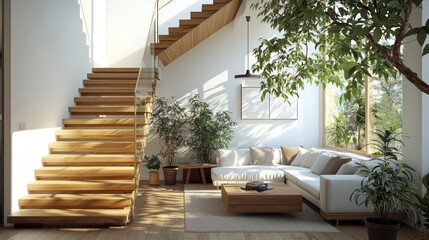 Fototapeta premium Modern living room design with wooden staircase, white walls, a cozy sofa, and potted plants enhancing the open, airy space