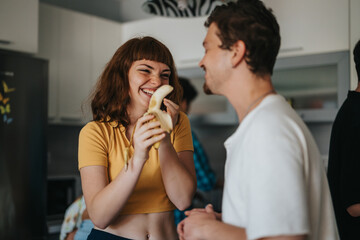 A joyful scene capturing friends sharing a laugh in a kitchen setting. The mood is light-hearted, conveying friendship and happiness during a casual gathering.