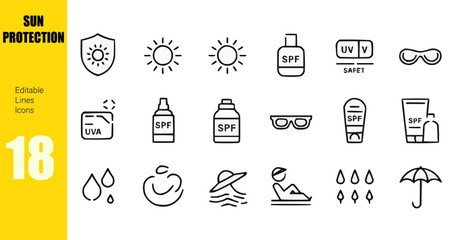 Line icons about sun protection. Pixel perfect 64x64 and editable stroke