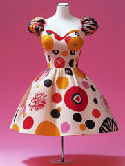 Vintage-inspired dress with bold patterns and bright colors on a retro pink background