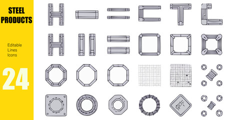 Line icons about steel products. Pixel perfect 64x64 and editable stroke