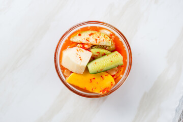 Asinan Buah or Indonesian pickled mixed fruits, spicy sweet and sour taste. with copy space. perfect for recipe, article, catalogue, or any commercial purposes.