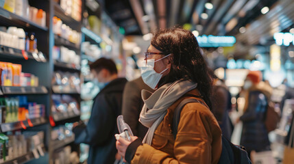 Fototapeta premium Retail environment with shoppers wearing protective masks