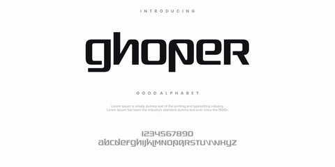 Obraz premium Ghoper Creative font. Modern abstract digital tech font. Logo creative font, type, technology, movie, digital, music, movie. Fonts and illustration in vector format.